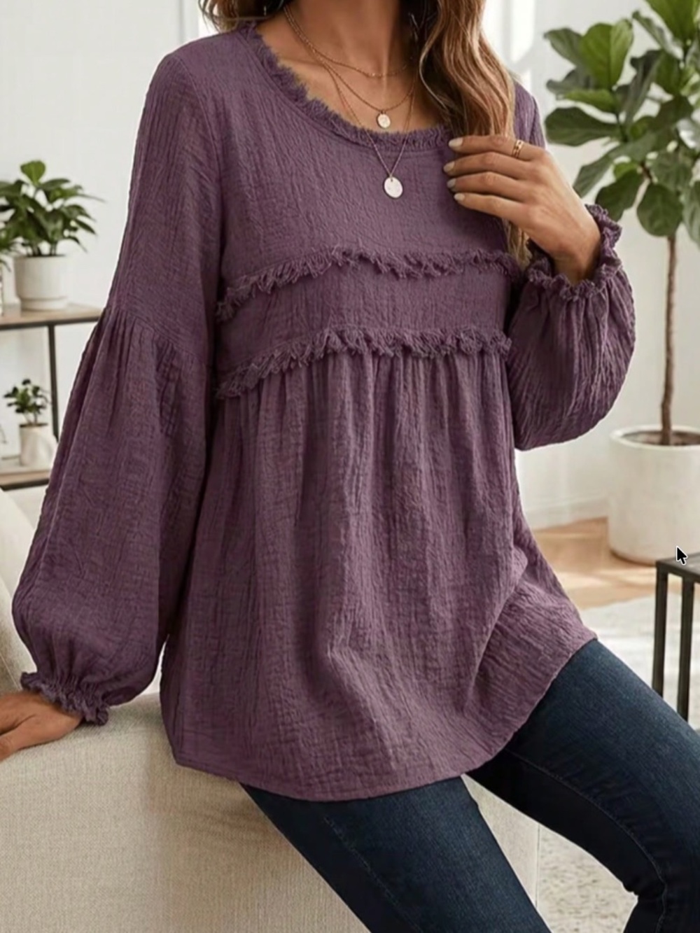 Solid Textured Round Neck Frayed Detail Long sleeve Top - Picture 11 of 12